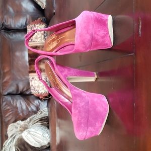 Magenta Suede Platform Slingback Pumps